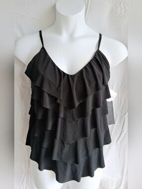 Vanishing Act Black Layered V Neck Tankini Sz 14 NWT